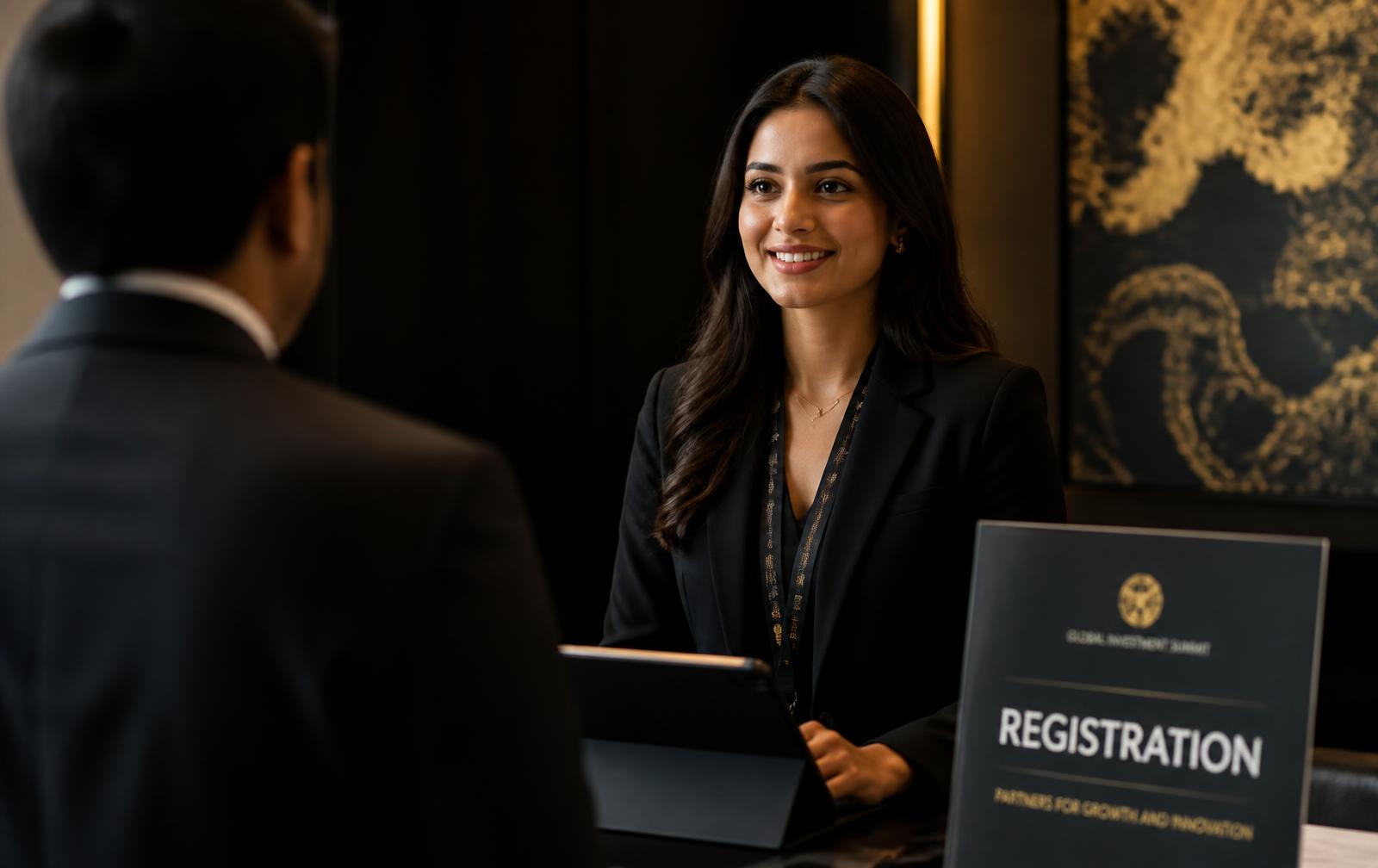 A registration administrator welcoming a delegate at a conference registration desk